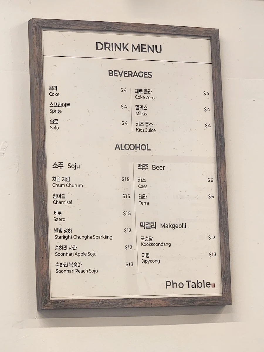 Menu, Pho Table