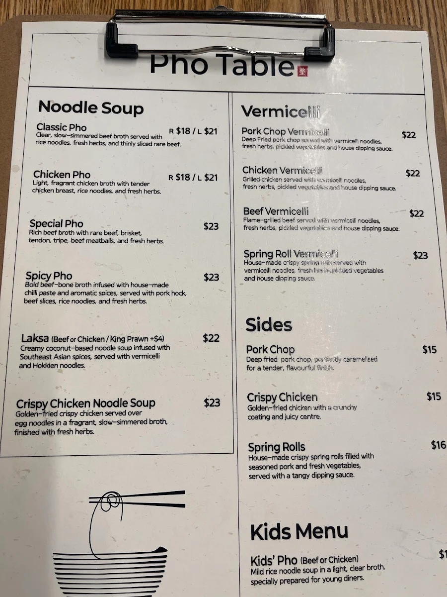 Menu, Pho Table