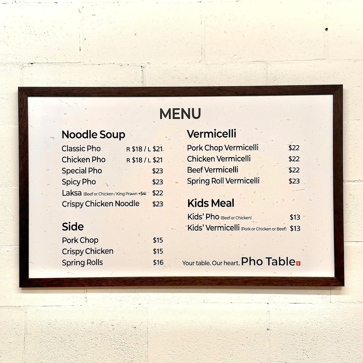 Menu, Pho Table