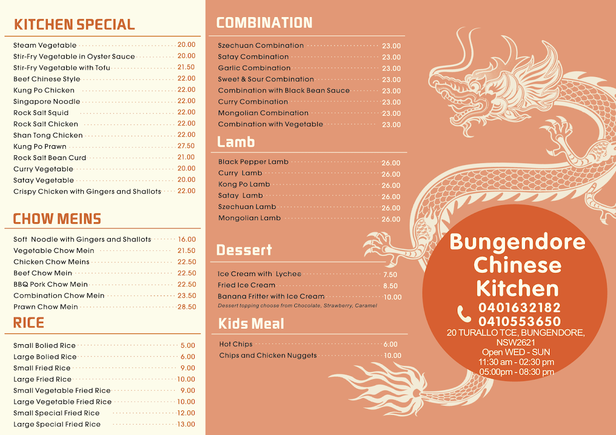 Menu, Bungendore Chinese Restaurant