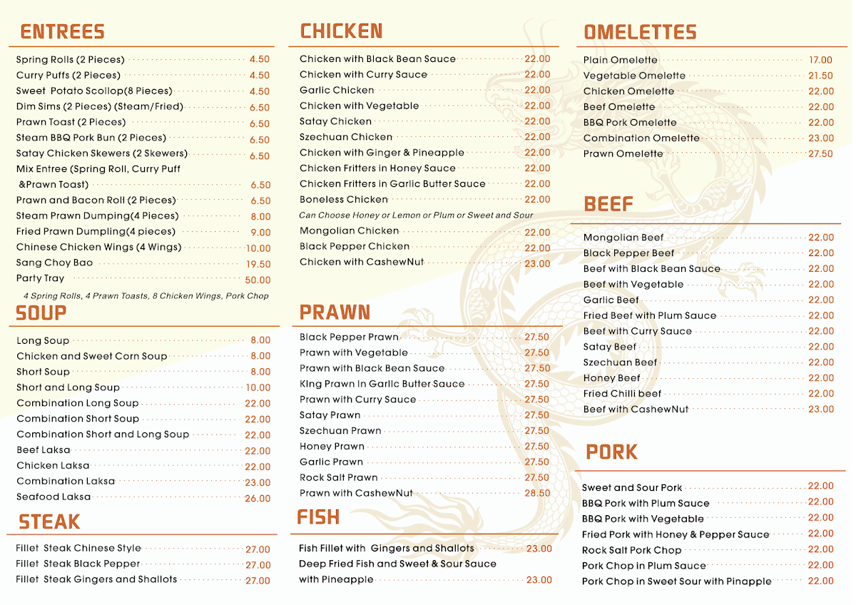 Menu, Bungendore Chinese Restaurant