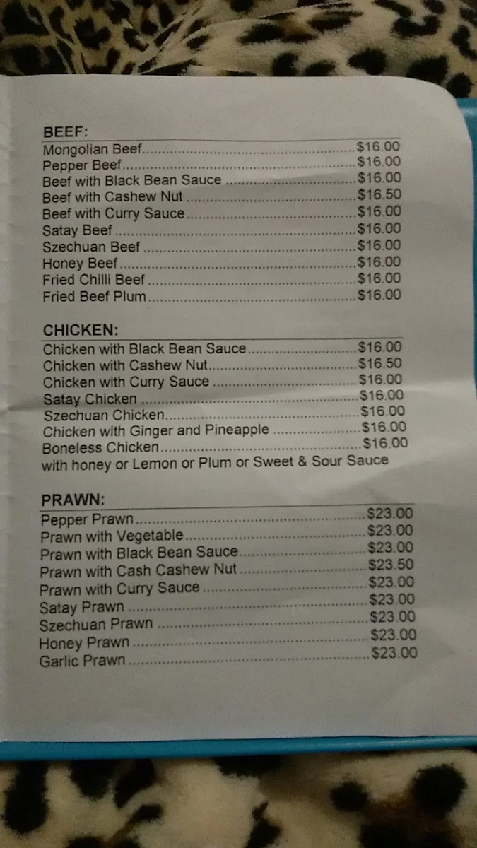 Menu, Bungendore Chinese Restaurant