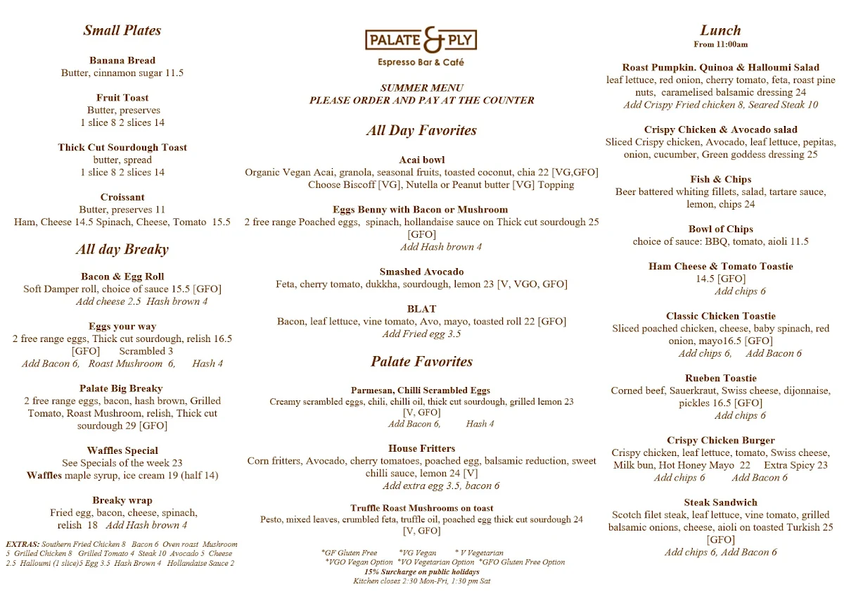 Menu, Palate & Ply Espresso Bar, Cafe & Roastery