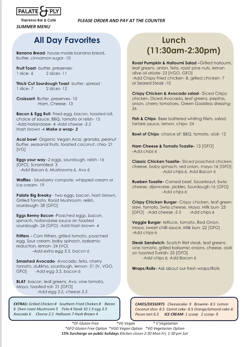 Menu, Palate & Ply Espresso Bar, Cafe & Roastery