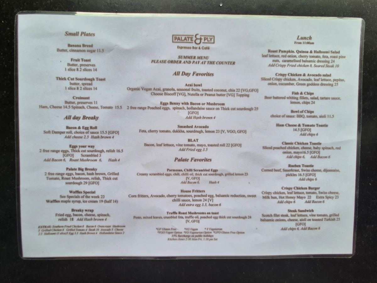 Menu, Palate & Ply Espresso Bar, Cafe & Roastery