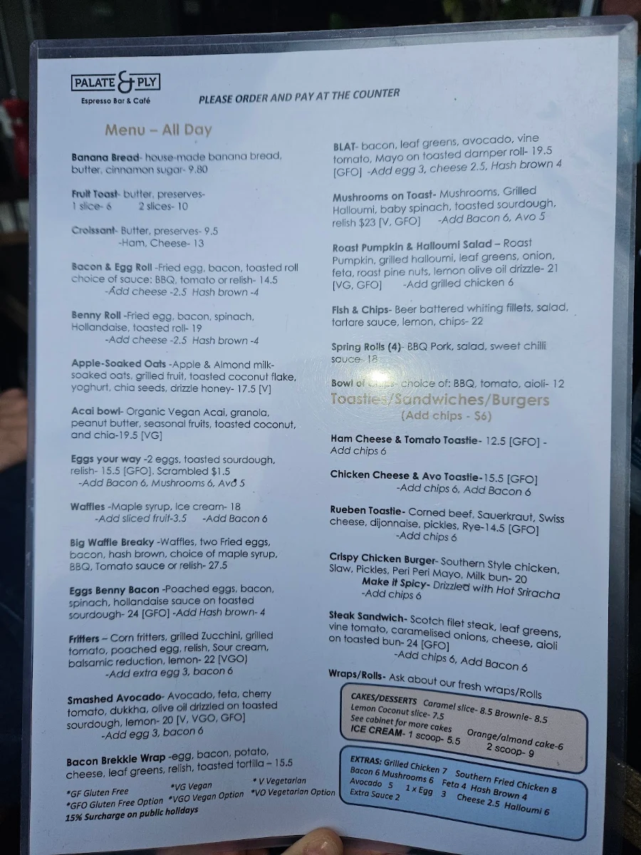 Menu, Palate & Ply Espresso Bar, Cafe & Roastery