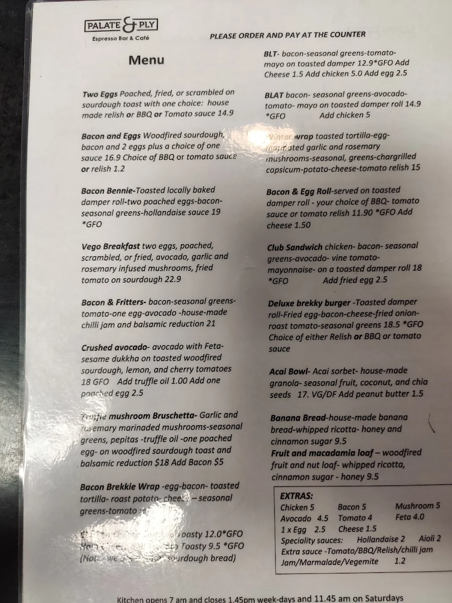 Menu, Palate & Ply Espresso Bar, Cafe & Roastery