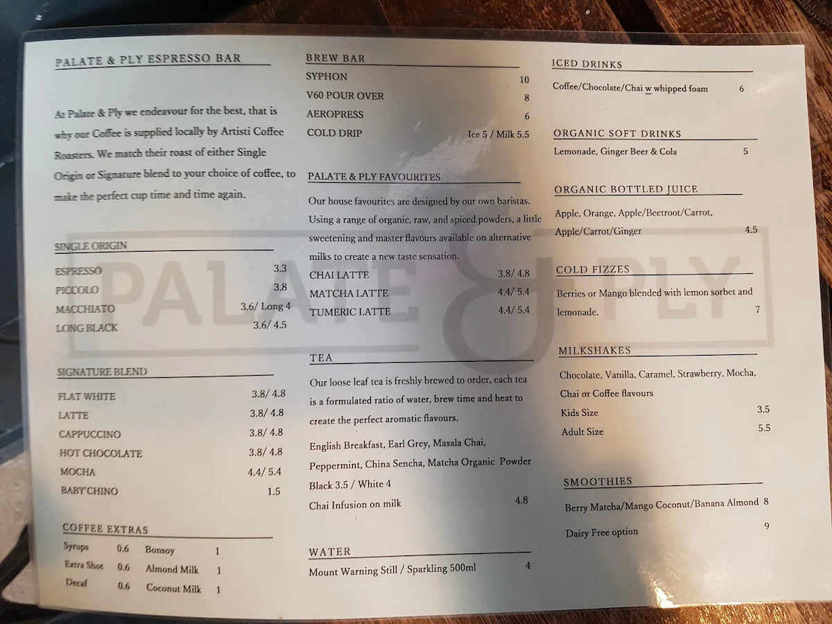 Menu, Palate & Ply Espresso Bar, Cafe & Roastery
