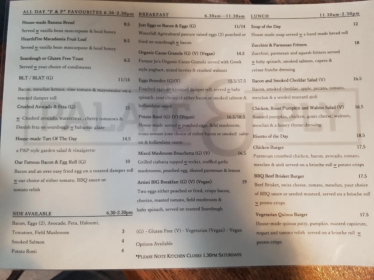 Menu, Palate & Ply Espresso Bar, Cafe & Roastery