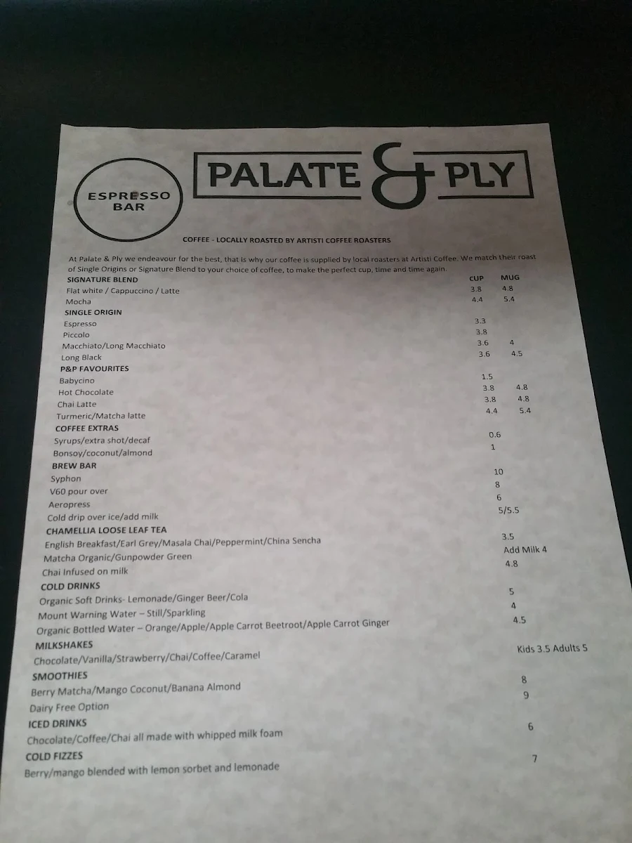 Menu, Palate & Ply Espresso Bar, Cafe & Roastery