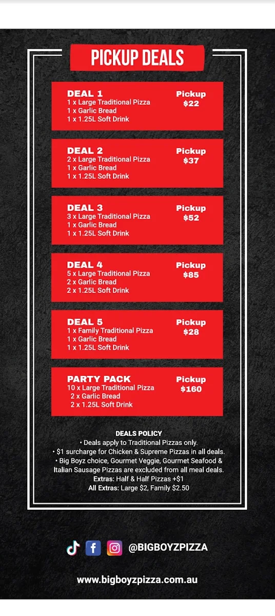 Menu, Big Boyz Pizza