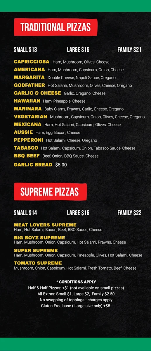 Menu, Big Boyz Pizza
