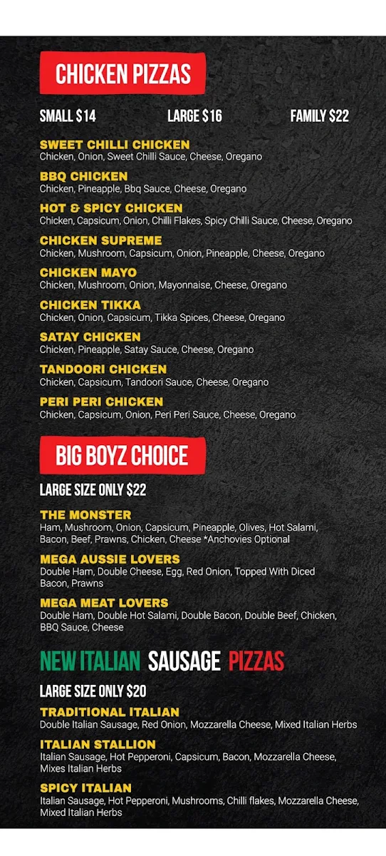Menu, Big Boyz Pizza