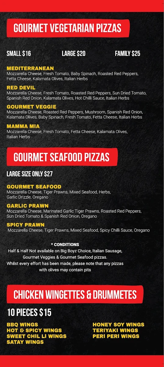 Menu, Big Boyz Pizza