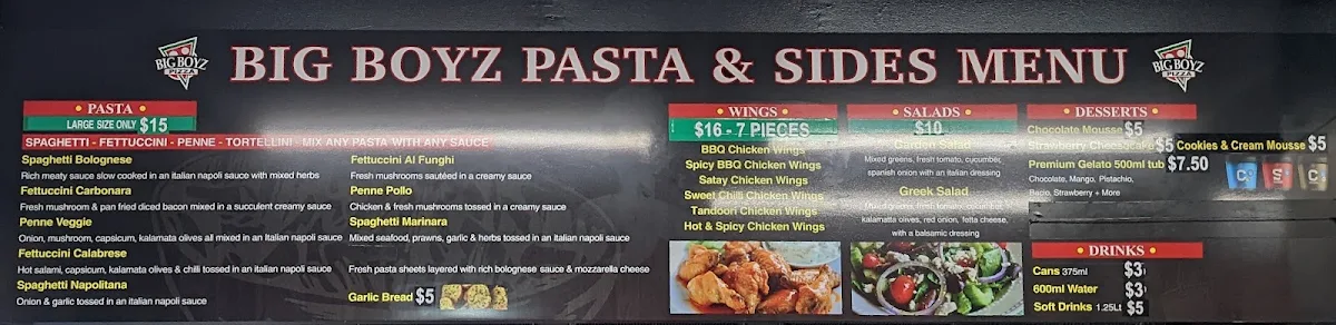 Menu, Big Boyz Pizza
