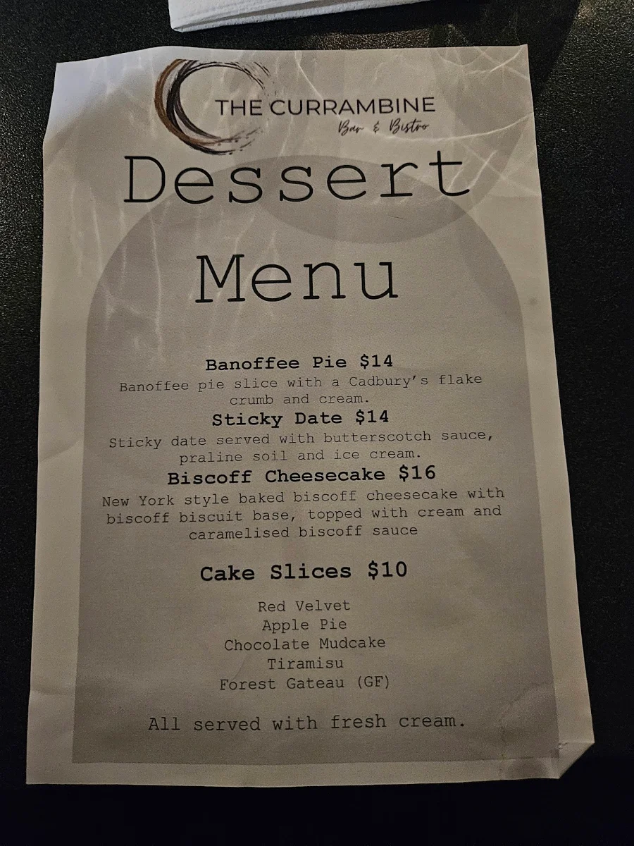 Menu, Currambine Bar & Bistro