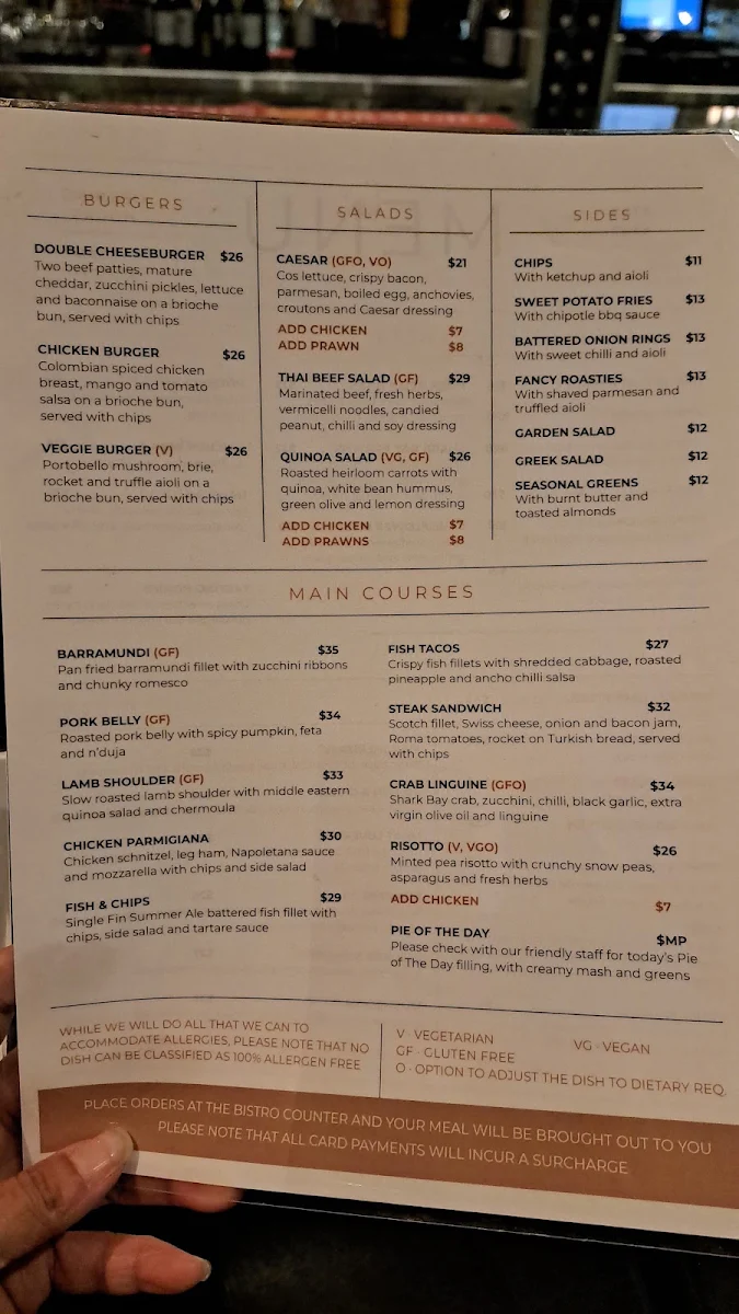 Menu, Currambine Bar & Bistro
