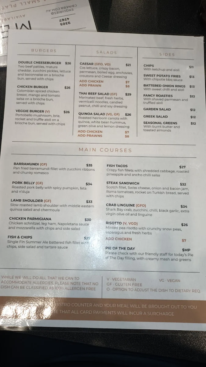 Menu, Currambine Bar & Bistro