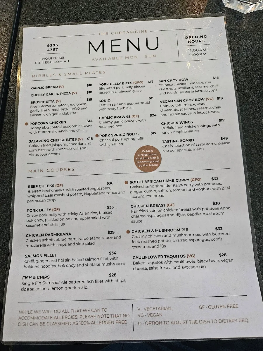Menu, Currambine Bar & Bistro