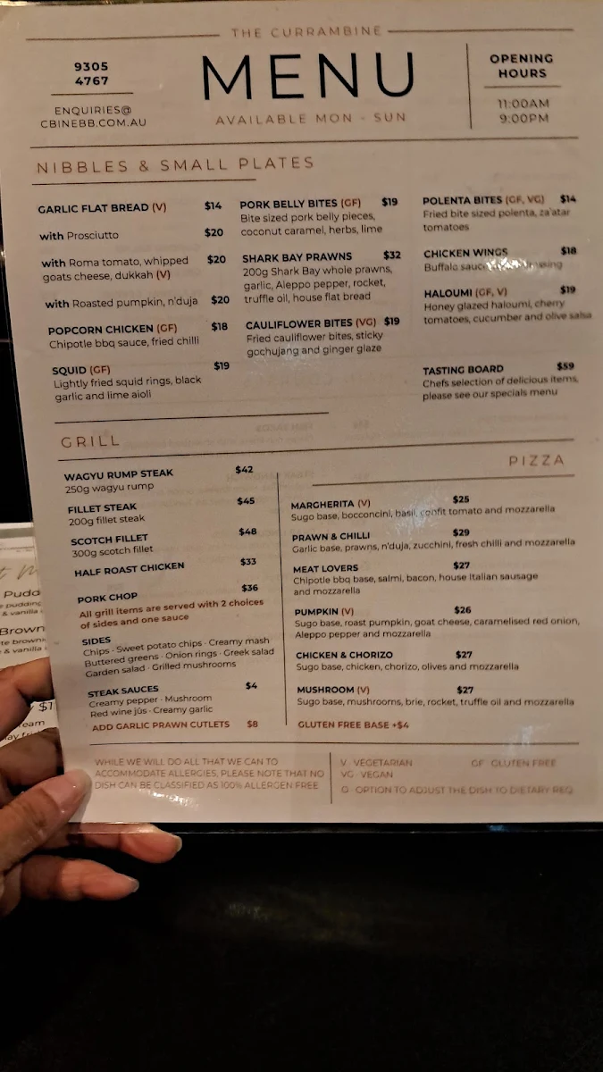 Menu, Currambine Bar & Bistro