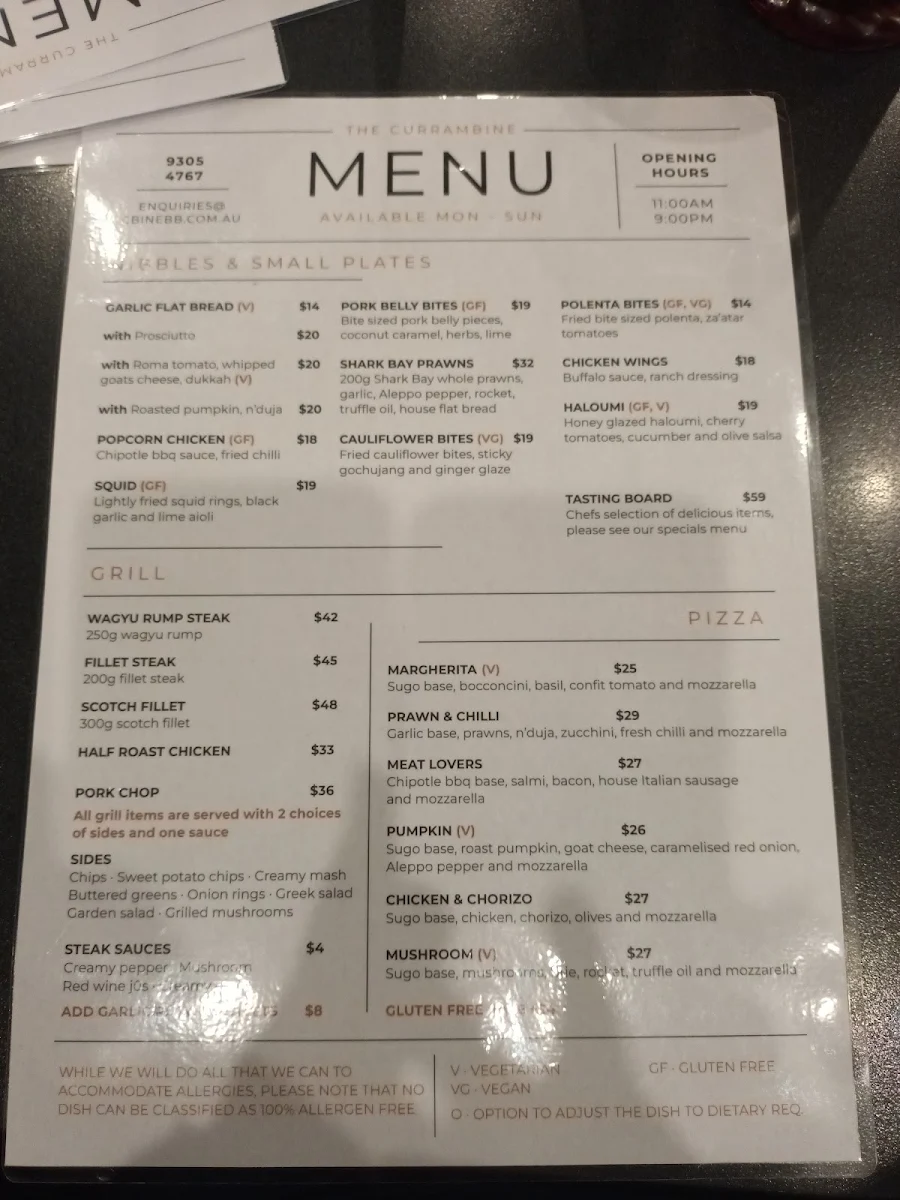 Menu, Currambine Bar & Bistro