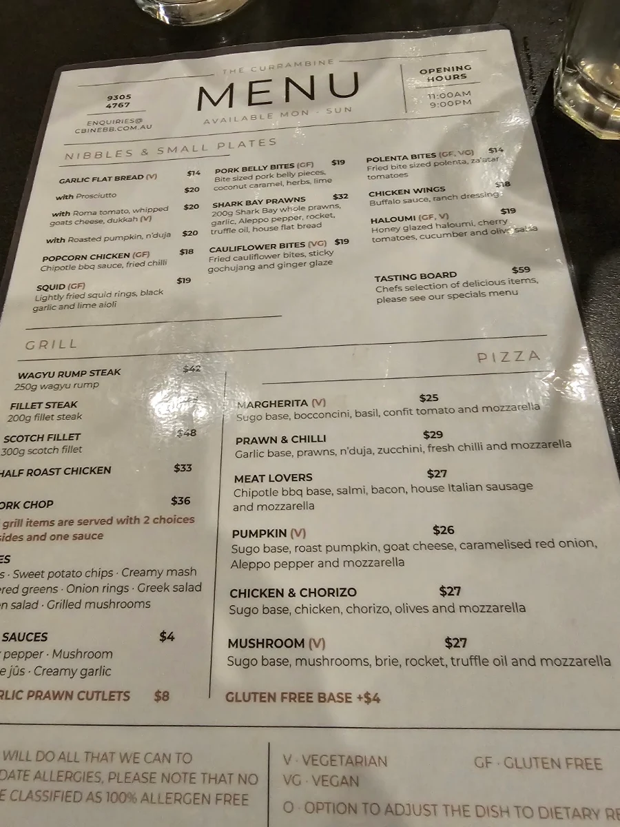 Menu, Currambine Bar & Bistro