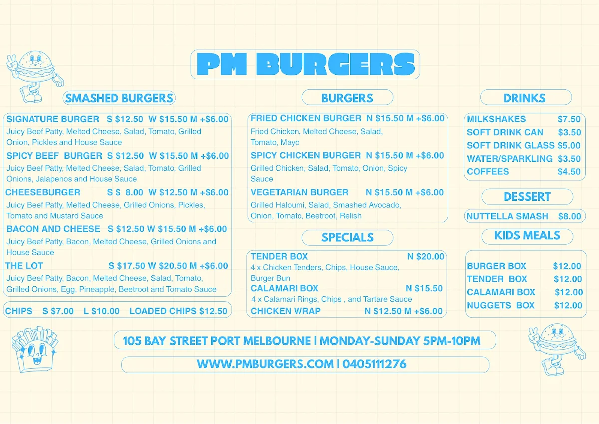 Menu, PM Burgers