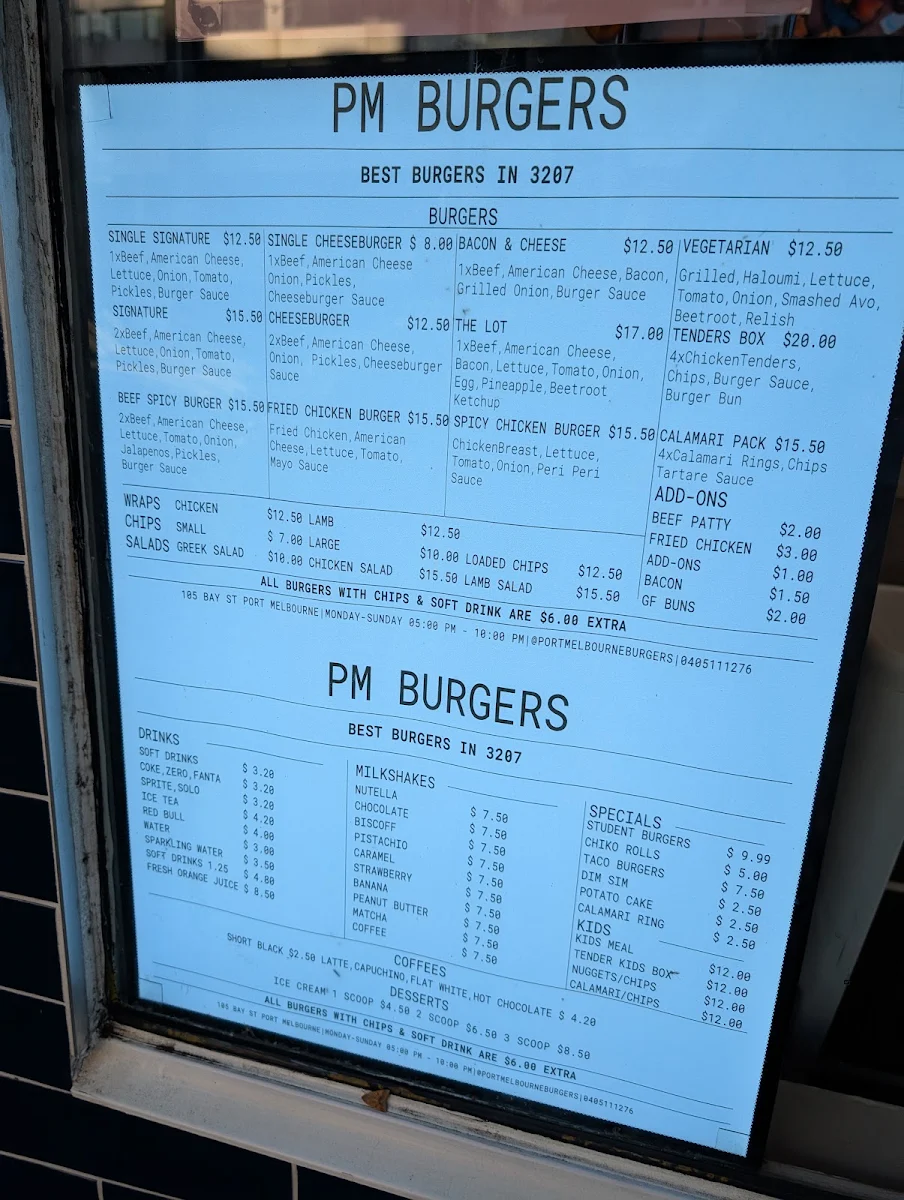 Menu, PM Burgers
