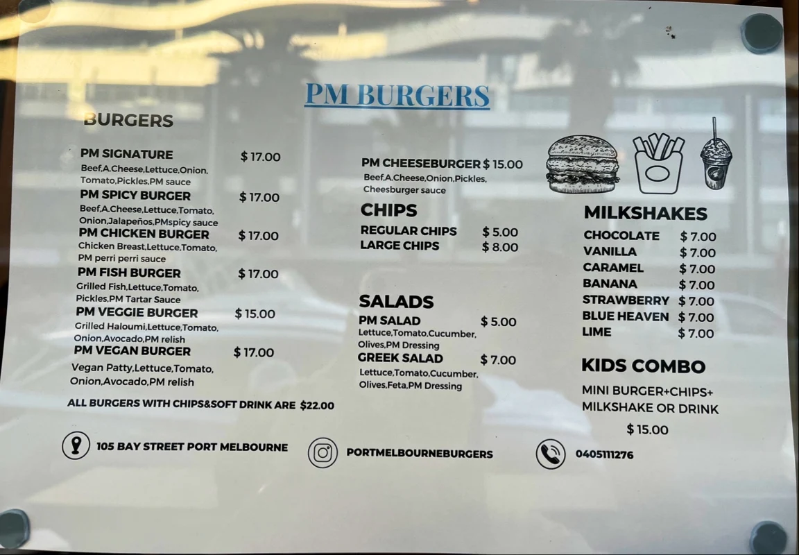 Menu, PM Burgers