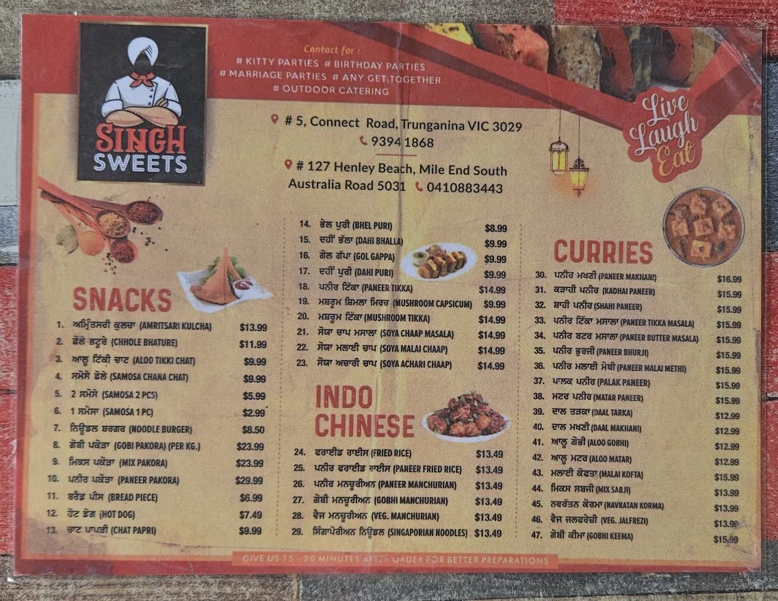 Menu, Singh Sweets