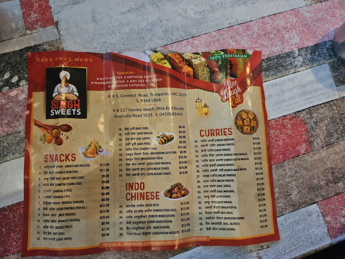 Menu, Singh Sweets