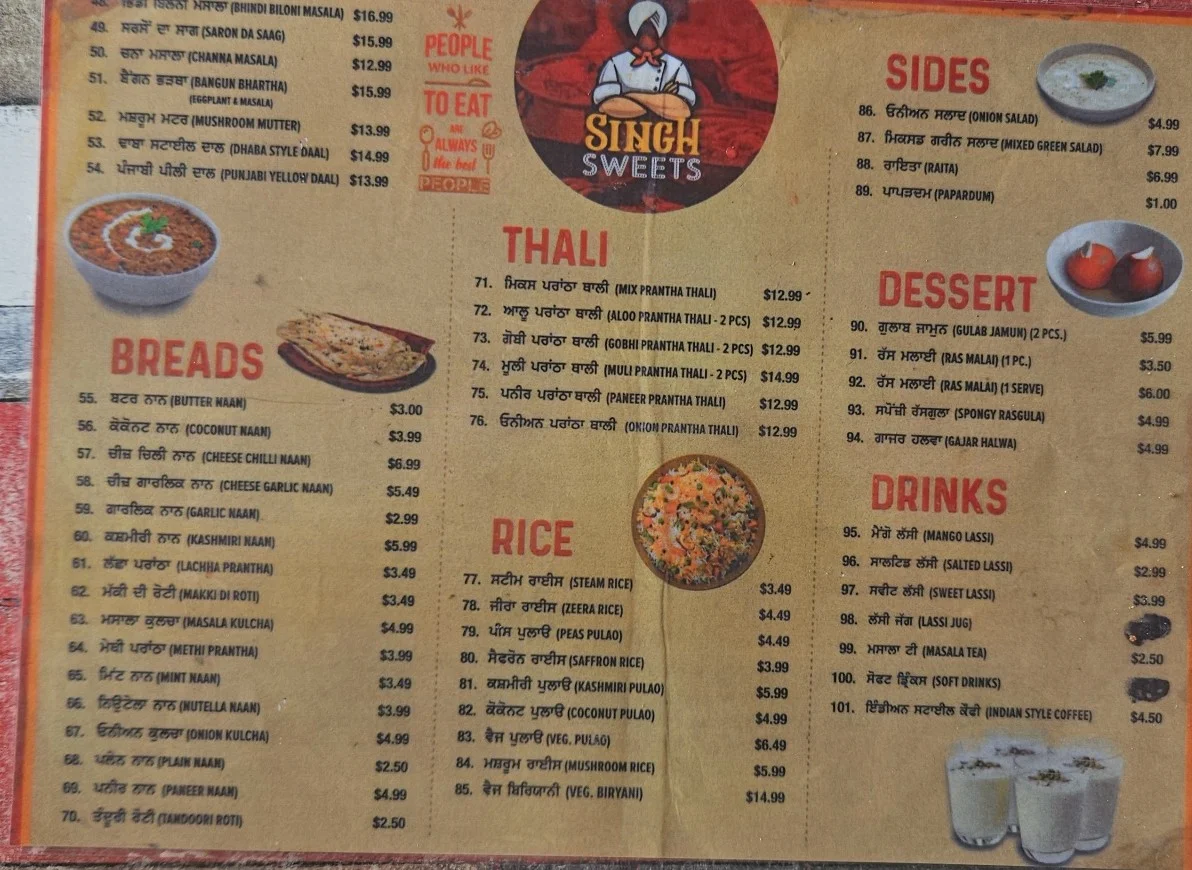 Menu, Singh Sweets