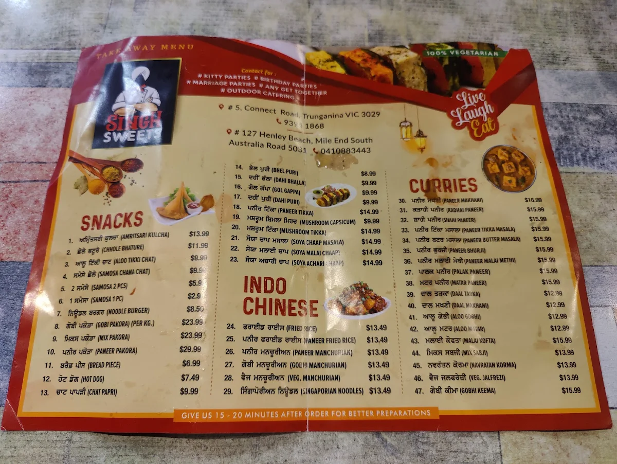 Menu, Singh Sweets
