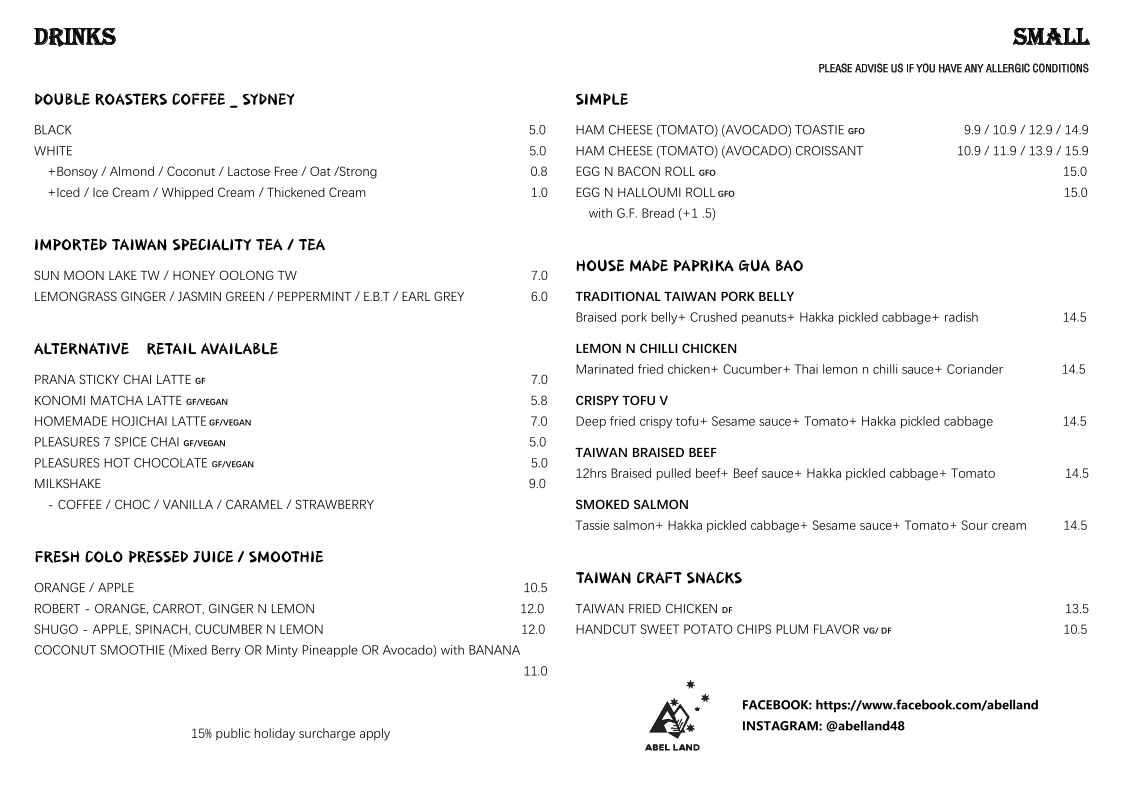 Menu, Abel Land Cafe