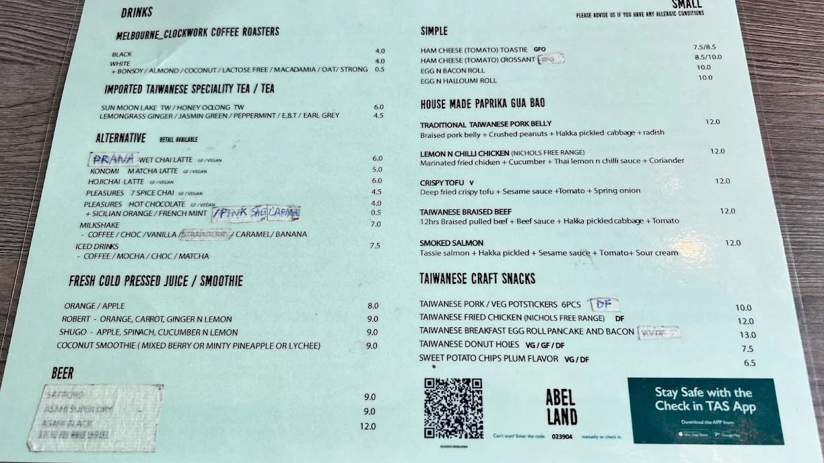 Menu, Abel Land Cafe