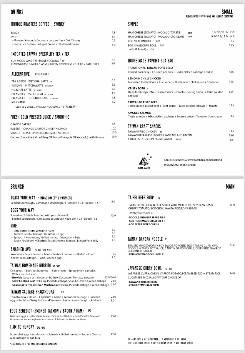 Menu, Abel Land Cafe