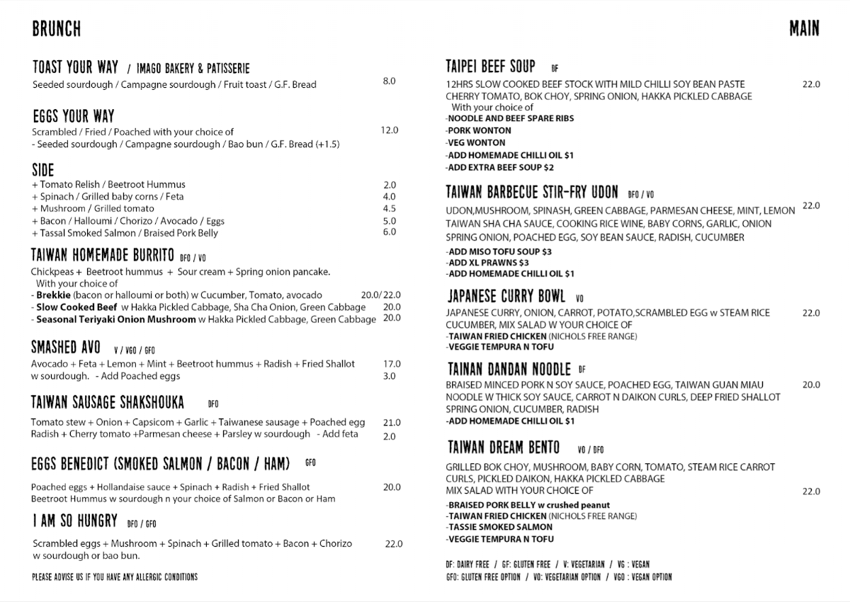 Menu, Abel Land Cafe