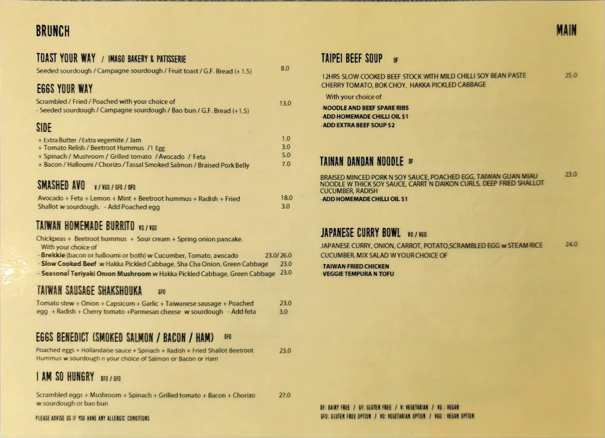 Menu, Abel Land Cafe