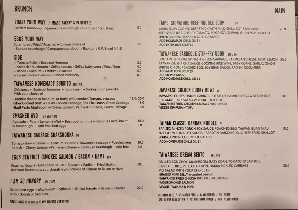 Menu, Abel Land Cafe