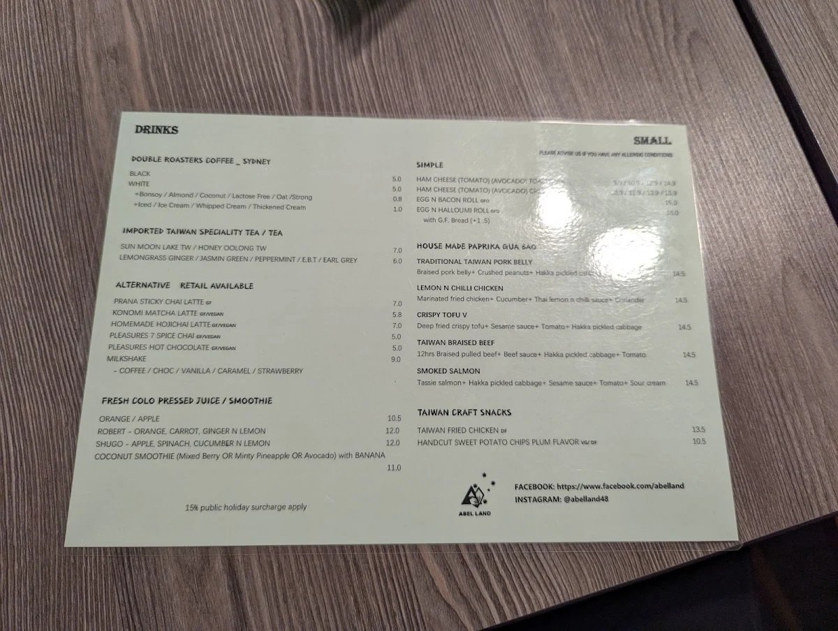 Menu, Abel Land Cafe