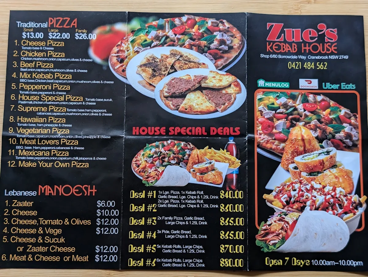 Menu, Zue's Kebab Pizza House