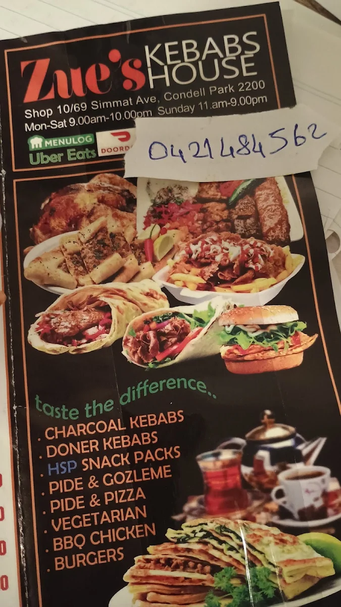 Menu, Zue's Kebab Pizza House