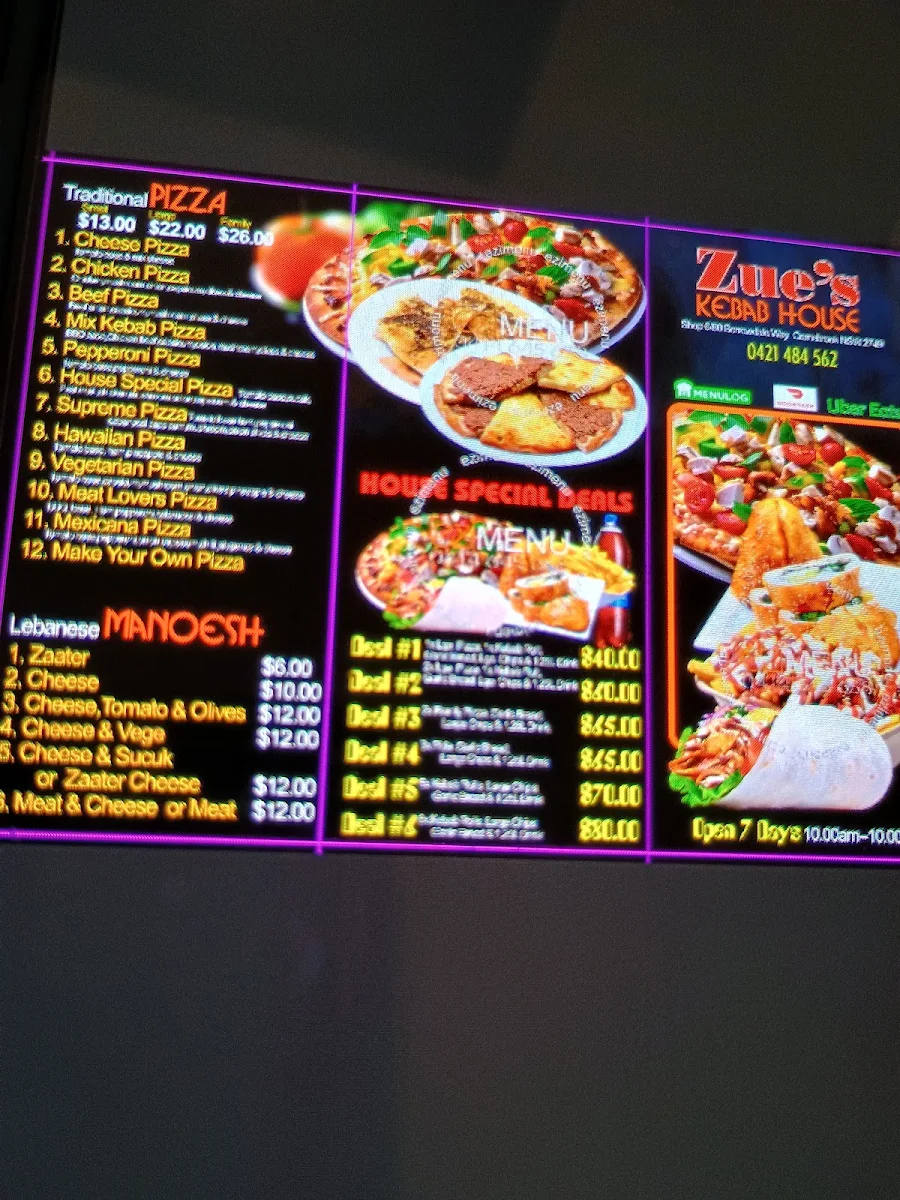 Menu, Zue's Kebab Pizza House