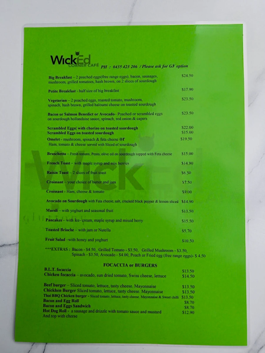 Menu, Wicked Corner Cafe