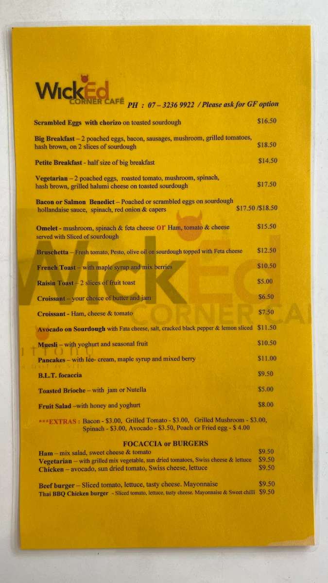 Menu, Wicked Corner Cafe
