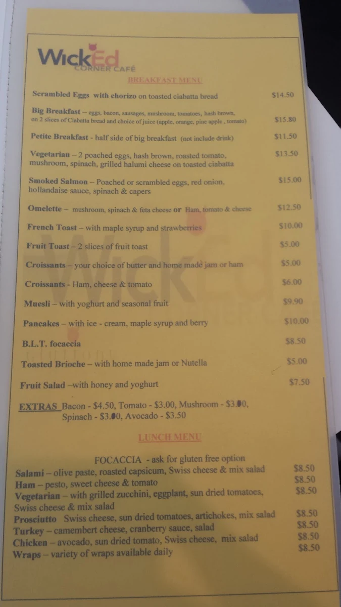 Menu, Wicked Corner Cafe