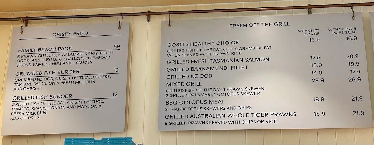 Menu, Costi's Fish and Chips at Coogee