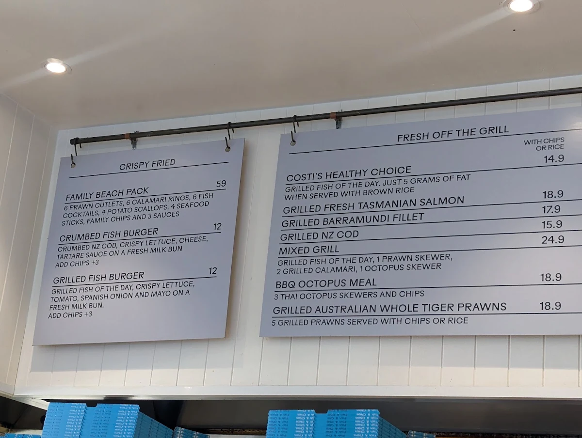 Menu, Costi's Fish and Chips at Coogee