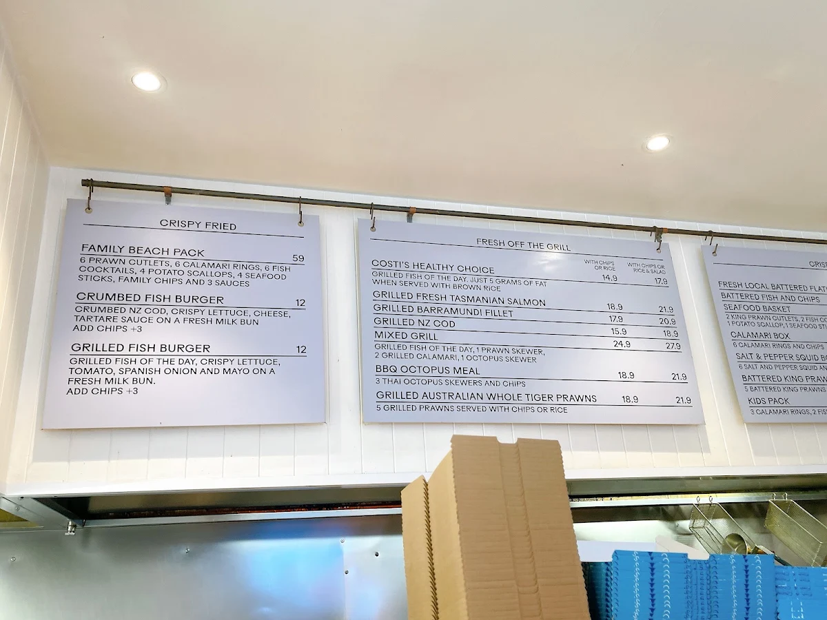 Menu, Costi's Fish and Chips at Coogee