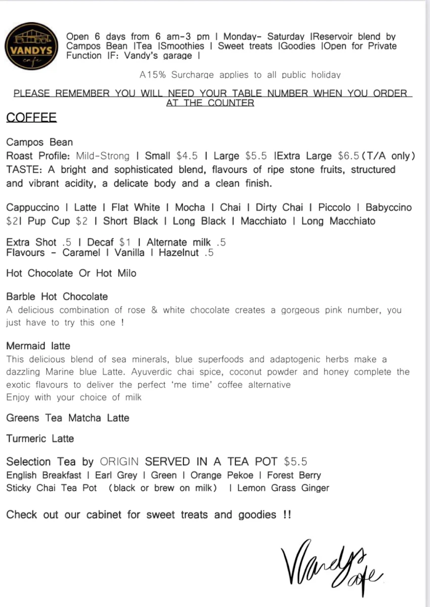 Menu, Vandys Cafe
